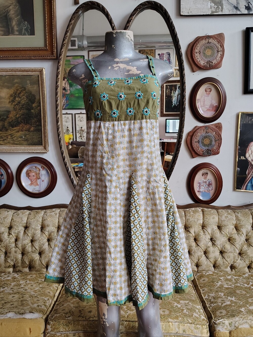 Y2k Boho Chic Green Fairy Mini Dress Womens Small Grunge Patchwork Minidress